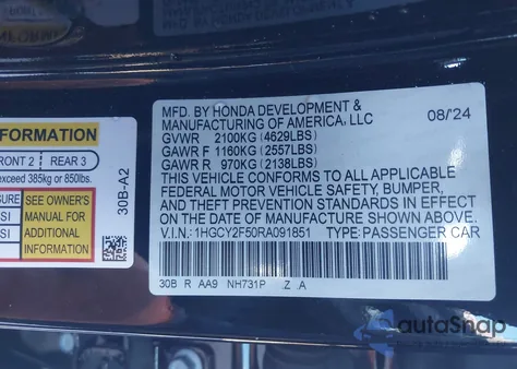 2024 Honda Accord Hybrid Sport из США, поврежденный, VIN 1HGCY2F50RA091851